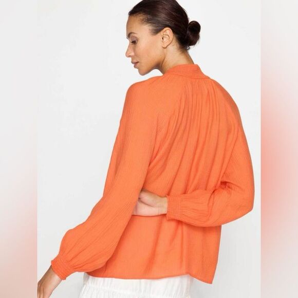 BROCHU WALKER Amaia Tie-Neck Crinkle Blouse in Papaya Orange Sz Medium - Picture 2 of 11